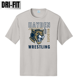 Hayden Wildcats Wrestling Headgear Logo Dri-Fit performance tee in silver, with navy outlined Hayden lettering, a diagonal gold and navy striped bar, a gold wildcat head, vertical Wildcats lettering, and bold Wrestling text