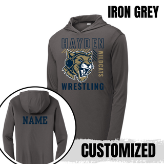Hayden Wildcats Wrestling Headgear Logo PosiCharge hooded pullover in Iron Grey with customized name printed on the back