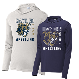 Hayden Wildcats Wrestling Headgear Logo PosiCharge hooded pullover in Silver and True Navy, front view showing the bold outlined Hayden lettering, growling wildcat head wearing a headgear strap, vertical Wildcats lettering, and Wrestling lettering