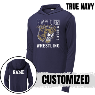 Hayden Wildcats Wrestling Headgear Logo PosiCharge hooded pullover in True Navy with customized name printed on the back