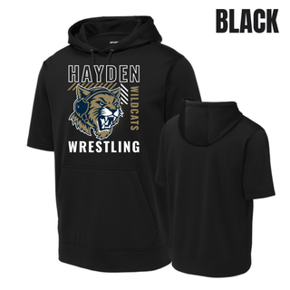 Black Sport-Tek short sleeve hooded pullover, front and back view, with the Hayden Wildcats Wrestling Headgear Logo: outlined Hayden lettering, growling wildcat head wearing a headgear strap, vertical Wildcats lettering, and Wrestling lettering