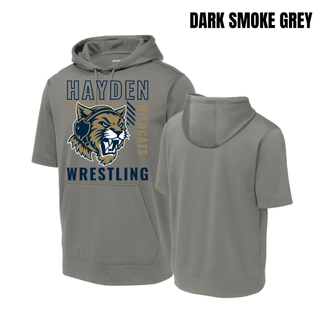 Dark Smoke Grey Sport-Tek short sleeve hooded pullover, front and back view, with the Hayden Wildcats Wrestling Headgear Logo: outlined Hayden lettering, growling wildcat head wearing a headgear strap, vertical Wildcats lettering, and Wrestling lettering