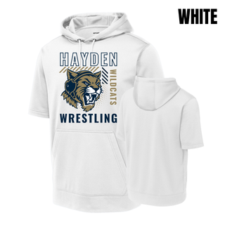 White Sport-Tek short sleeve hooded pullover, front and back view, with the Hayden Wildcats Wrestling Headgear Logo: outlined Hayden lettering, growling wildcat head wearing a headgear strap, vertical Wildcats lettering, and Wrestling lettering