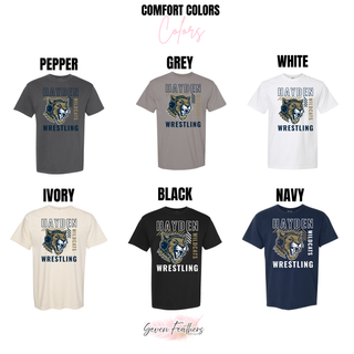 Hayden Wildcats Wrestling Headgear Logo Comfort Colors chart: Pepper, Grey, White, Ivory, Black, and Navy t-shirts with wildcat head and striped bar graphic