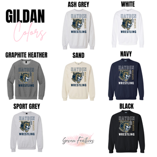 Hayden Wildcats Wrestling Headgear Logo Gildan color chart: Ash Grey, White, Graphite Heather, Sand, Navy, Sport Grey, and Black crewneck sweatshirts with wildcat head and striped bar graphic