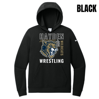 Black Nike Women's Club Fleece Pullover Hoodie with the Hayden Wildcats Wrestling Headgear Logo, featuring outlined Hayden lettering, a striped bar, and a growling wildcat head with headgear strap