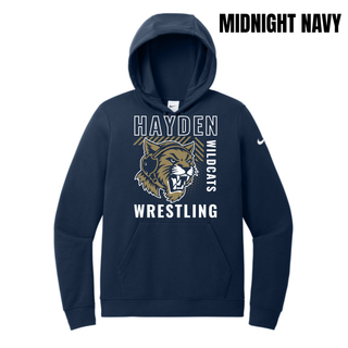 Midnight Navy Nike Women's Club Fleece Pullover Hoodie with the Hayden Wildcats Wrestling Headgear Logo, featuring outlined Hayden lettering, a striped bar, and a growling wildcat head with headgear strap