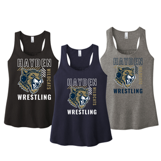 Hayden Wildcats Wrestling Headgear Logo Women's Racerback Tank in Black, Navy, and Grey Frost, front view