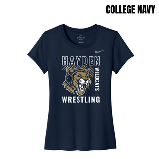 College Navy Nike women's rLegend tee with the Hayden Wildcats Wrestling Headgear Logo: outlined Hayden lettering, growling wildcat head wearing a headgear strap, vertical Wildcats lettering, and Wrestling lettering