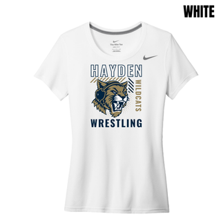 White Nike women's rLegend tee with the Hayden Wildcats Wrestling Headgear Logo: outlined Hayden lettering, growling wildcat head wearing a headgear strap, vertical Wildcats lettering, and Wrestling lettering