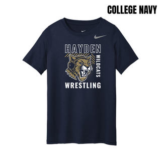 College Navy Nike rLegend youth tee with the Hayden Wildcats Wrestling Headgear Logo: outlined Hayden lettering, growling wildcat head wearing a headgear strap, vertical Wildcats lettering, and Wrestling lettering