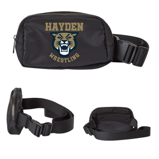 Hayden Wildcats Wrestling Mascot Logo belt bag in black, front and multiple angle product shots showing zipper, strap, and buckle