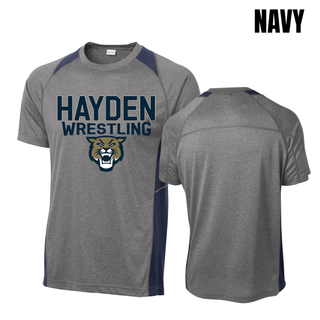Navy colorway of the Hayden Wrestling Colorblock Contender Tee, front and back flat lay showing grey heather body with navy shoulder and side panels