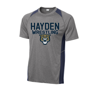 Hayden Wrestling Colorblock Contender Tee in navy, grey heather body with navy shoulder and side panels, Hayden Wrestling lettering and wildcat mascot logo on the chest, front flat lay
