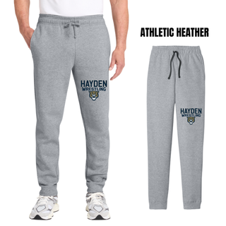 Hayden Wildcats Wrestling mascot logo Core Fleece Joggers in athletic heather grey, shown on-model and as a flat lay, with navy Hayden Wrestling lettering and a wildcat mascot head on the left leg.