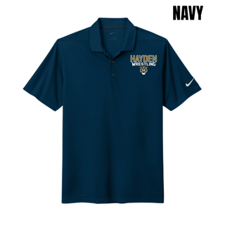 Hayden Wrestling lettering with wildcat mascot logo on the left chest of a navy Nike Dri-FIT Micro Pique polo, flat lay
