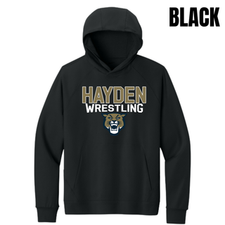 Black Hayden Wildcats Wrestling hoodie flat lay with tan and white Hayden Wrestling lettering and wildcat mascot logo on the chest