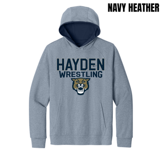 Navy heather Hayden Wildcats Wrestling hoodie flat lay with navy Hayden Wrestling lettering and wildcat mascot logo on the chest
