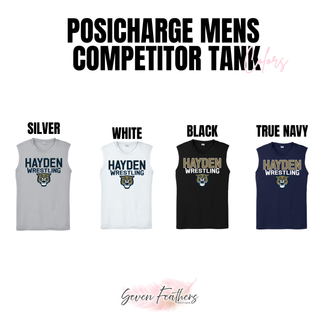 Color chart of the Sport-Tek PosiCharge Competitor Tank in silver, white, black, and true navy, each printed with Hayden Wrestling lettering and a wildcat mascot head graphic.