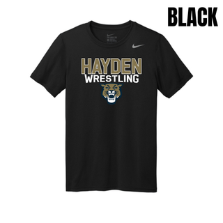 Black Nike rLegend tee flat lay with gold and white Hayden Wrestling lettering and wildcat mascot head graphic on the chest