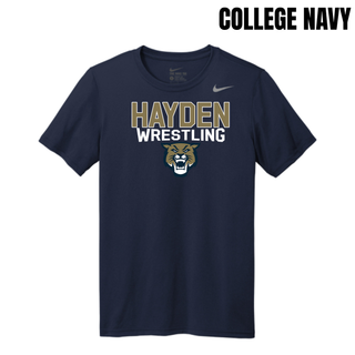 College navy Nike rLegend tee flat lay with gold and white Hayden Wrestling lettering and wildcat mascot head graphic on the chest
