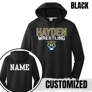 Black Hayden Wrestling performance hoodie flat lay with wildcat mascot logo on front and customizable name print on back