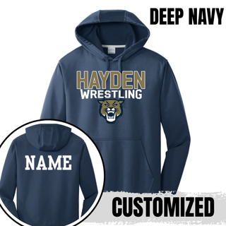 Deep navy Hayden Wrestling performance hoodie flat lay with wildcat mascot logo on front and customizable name print on back
