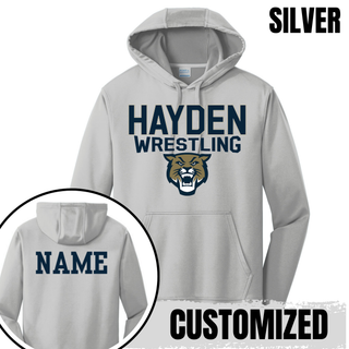 Silver Hayden Wrestling performance hoodie flat lay with wildcat mascot logo on front and customizable name print on back