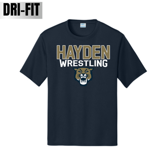 Hayden Wildcats Wrestling mascot logo Dri-Fit performance top in deep navy, flat lay