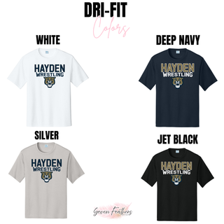 Dri-Fit color chart showing white, deep navy, silver, and jet black options for the Hayden Wildcats Wrestling mascot logo performance top