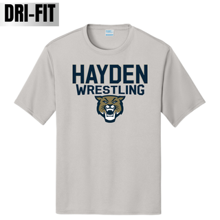 Hayden Wildcats Wrestling mascot logo Dri-Fit performance top in silver, flat lay