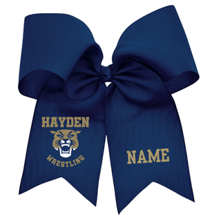 Hayden Wildcats Wrestling Mascot Logo personalized cheer bow in navy, flat lay with NAME placeholder on the second tail