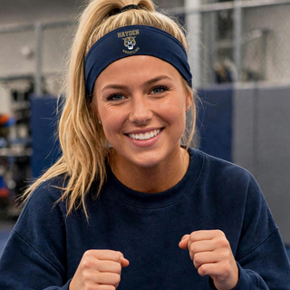 Hayden Wildcats Wrestling Mascot Logo PosiCharge headband in navy, worn on-model
