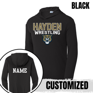 Hayden Wildcats Wrestling Mascot Logo PosiCharge Hooded Pullover in black, front and back flat lay showing the Hayden Wrestling mascot graphic on the chest and customizable name print on the back