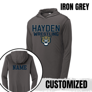 Hayden Wildcats Wrestling Mascot Logo PosiCharge Hooded Pullover in iron grey, front and back flat lay showing the Hayden Wrestling mascot graphic on the chest and customizable name print on the back