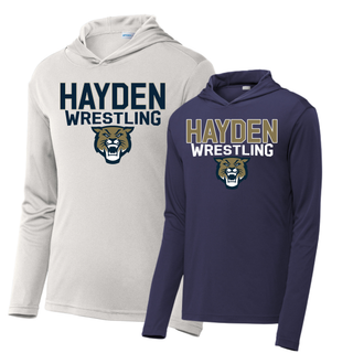 Hayden Wildcats Wrestling Mascot Logo PosiCharge Hooded Pullover shown in silver and true navy, front flat lay with Hayden Wrestling lettering and wildcat mascot graphic on the chest