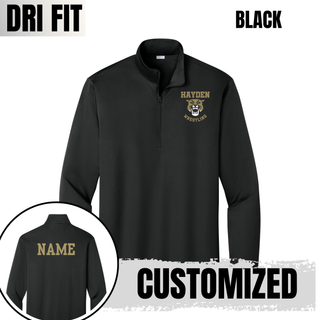 Hayden Wildcats Wrestling Mascot Logo PosiCharge quarter-zip in black, flat lay front with inset showing the customizable NAME on the back