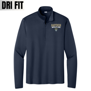 Hayden Wildcats Wrestling mascot logo PosiCharge quarter-zip pullover in navy, flat lay front view with Hayden wildcat head logo and lettering on the left chest