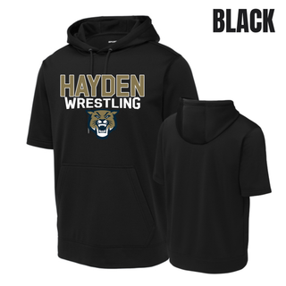Hayden Wildcats Wrestling Mascot Logo Short Sleeve Hooded Pullover in black, flat lay front and back view, with gold and white Hayden Wrestling lettering and a cougar mascot head on the chest