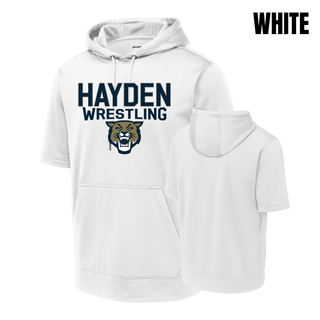 Hayden Wildcats Wrestling Mascot Logo Short Sleeve Hooded Pullover in white, flat lay front and back view, with navy and gold Hayden Wrestling lettering and a cougar mascot head on the chest