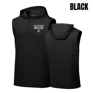 Black Hayden Wildcats Wrestling sleeveless hooded quarter-zip flat lay, front and back, with gold and white lettering and a wildcat mascot logo on the left chest.