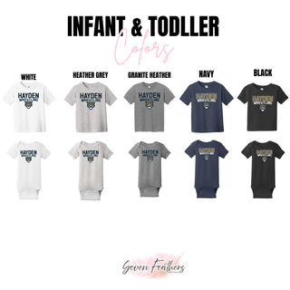 Infant and toddler color chart for the Hayden Wildcats Wrestling design, showing the logo on white, heather grey, granite heather, navy, and black tees and bodysuits