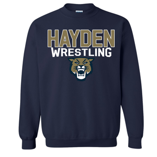 Navy Hayden Wildcats Wrestling crewneck sweatshirt flat lay with gold HAYDEN over white WRESTLING lettering and a snarling wildcat mascot head
