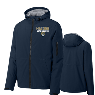 Navy waterproof insulated jacket flat lay, front and back, with Hayden Wrestling lettering and wildcat mascot logo on the chest