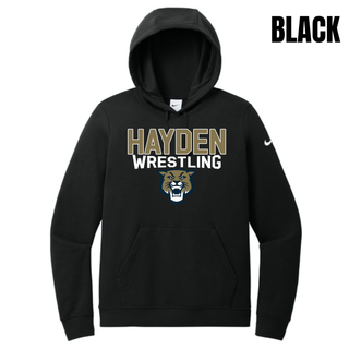Black Nike Women's Club Fleece Pullover Hoodie with Hayden Wrestling lettering and wildcat mascot logo on the chest, flat lay
