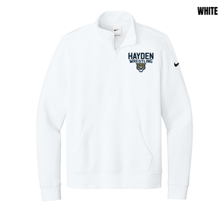 White women's fleece quarter-zip pullover, flat lay, with Hayden Wrestling lettering and wildcat mascot head logo on the left chest