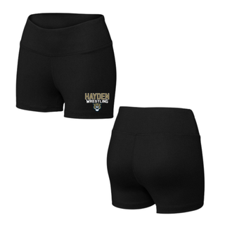 Front and back flat lay of black women's Interval shorts with Hayden Wildcats Wrestling mascot logo on the left leg