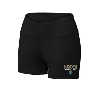 Black women's Interval shorts with Hayden Wildcats Wrestling mascot logo on the left leg, front flat lay