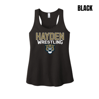 Hayden Wildcats Wrestling mascot logo women's racerback tank in black, flat lay