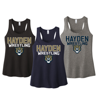 Hayden Wildcats Wrestling mascot logo women's racerback tanks shown in black, navy, and grey frost, flat lay color comparison